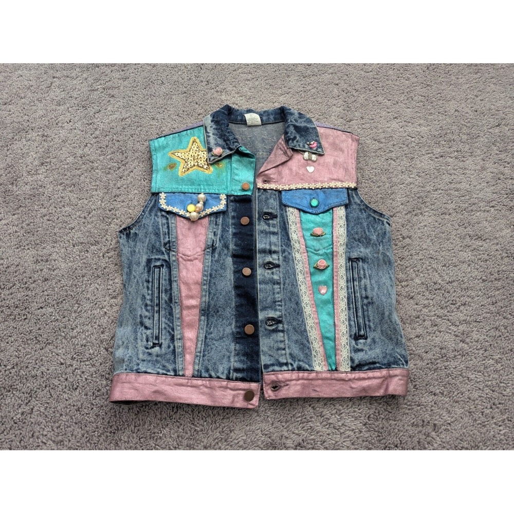 Vintage Congo Trader Denim Jacket Womens 38 Blue Button Beaded Punk Inspired‎